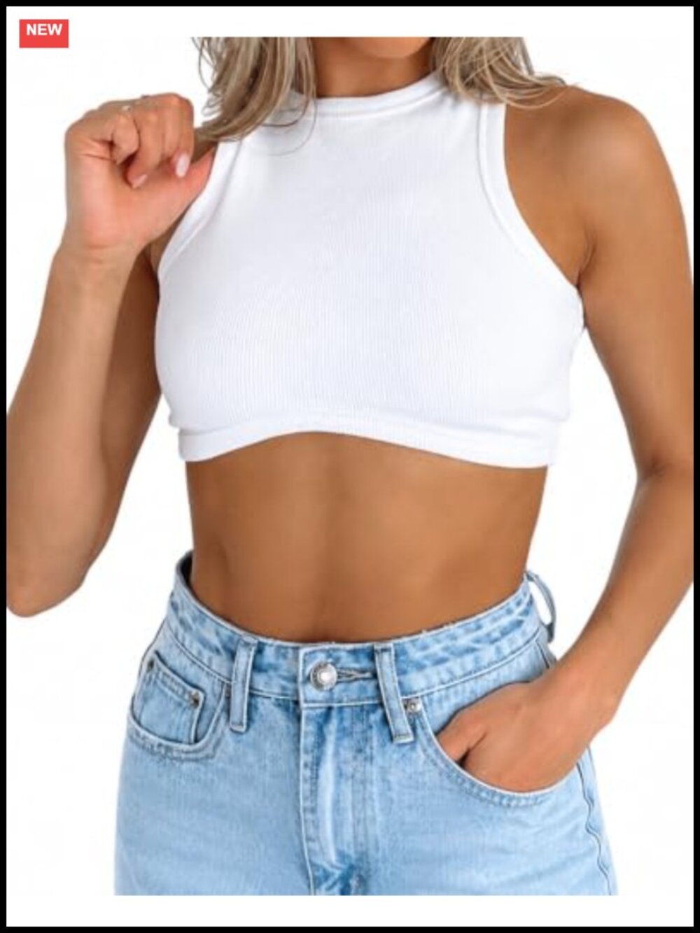Crew Neck Racerback Knit Ribbed Crop Tank Top, Stretchy Sleeveless, Casual